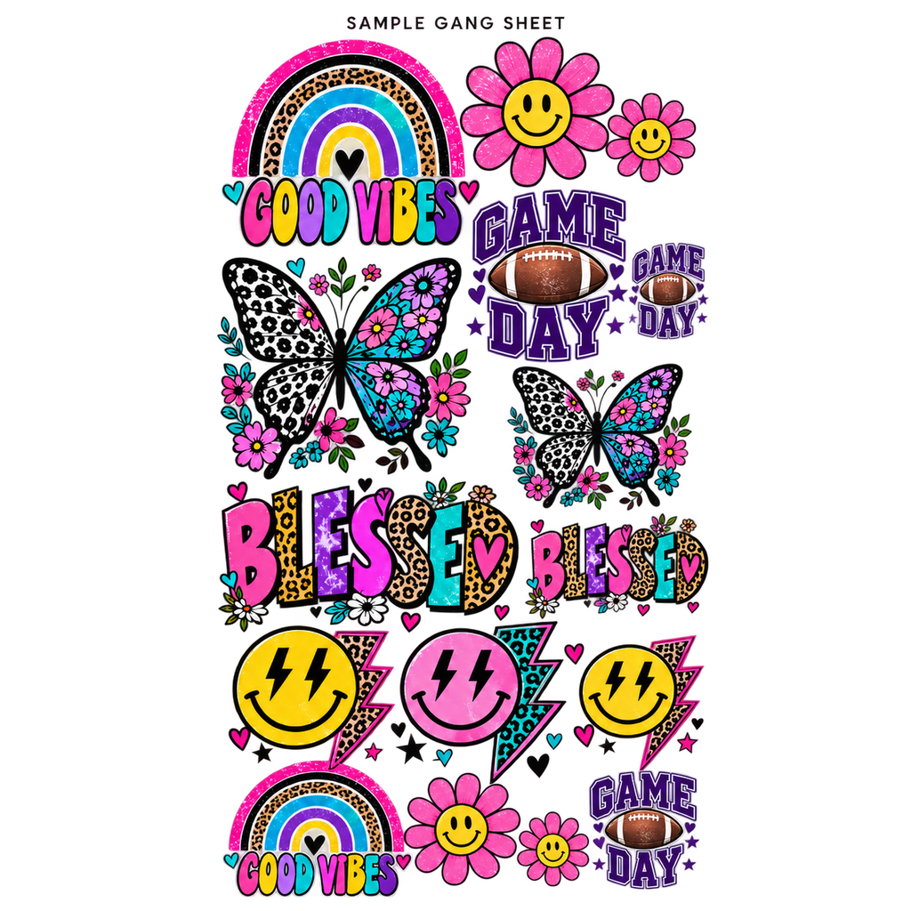 Example gang sheet with colorful rainbows, flowers, butterflies, smiley faces, and Game Day designs.