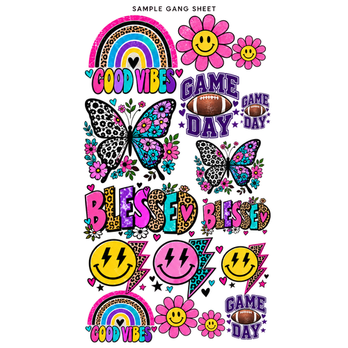 Example gang sheet with colorful rainbows, flowers, butterflies, smiley faces, and Game Day designs.